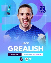 3场4助领跑助攻榜，格拉利什当选英超8月最佳球员